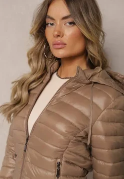 Ciemnobeżowa Pikowana Kurtka z Odpinanym Kapturem Telianna