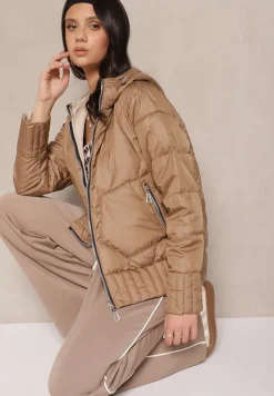 Ciemnobeżowa Pikowana Kurtka Dwustronna z Kapturem Eravinea