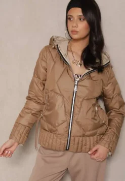 Ciemnobeżowa Pikowana Kurtka Dwustronna z Kapturem Eravinea