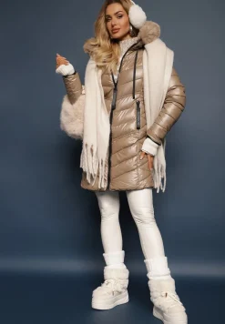 Ciemnobeżowa Pikowana Kurtka z Kapturem Zdobionym Odpinanym Futerkiem Tinetisa