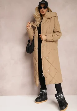 Ciemnobeżowa Pikowana Kurtka Płaszcz za Kolano z Kapturem Kinassan