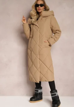 Ciemnobeżowa Pikowana Kurtka Płaszcz za Kolano z Kapturem Kinassan