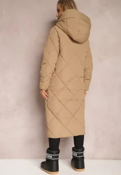 Ciemnobeżowa Pikowana Kurtka Płaszcz za Kolano z Kapturem Kinassan