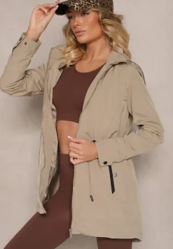 Ciemnobeżowa Przejściowa Kurtka o Fasonie Parki ze Ściągaczem w Talii Zolidi