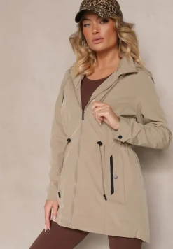 Ciemnobeżowa Przejściowa Kurtka o Fasonie Parki ze Ściągaczem w Talii Zolidi