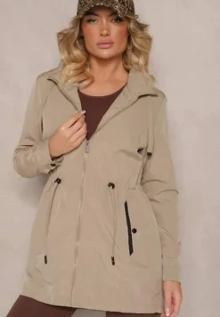 Ciemnobeżowa Przejściowa Kurtka o Fasonie Parki ze Ściągaczem w Talii Zolidi