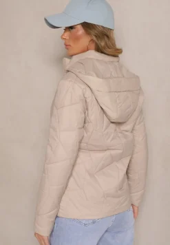 Ciemnobeżowa Przejściowa Kurtka z Kapturem Ozdobiona Pikowaniem Ninariela