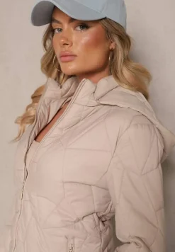 Ciemnobeżowa Przejściowa Kurtka z Kapturem Ozdobiona Pikowaniem Ninariela