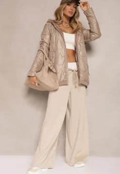 Ciemnobeżowa Pudełkowa Kurtka z Pikowanymi Przeszyciami i Kapturem Telaniela