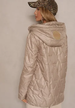 Ciemnobeżowa Pudełkowa Kurtka z Pikowanymi Przeszyciami i Kapturem Telaniela