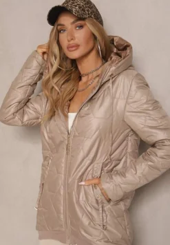 Ciemnobeżowa Pudełkowa Kurtka z Pikowanymi Przeszyciami i Kapturem Telaniela