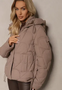 Ciemnobeżowa Pudełkowa Kurtka Zdobiona Pikowanymi Przeszyciami z Kapturem i Ściągaczami Ziasha