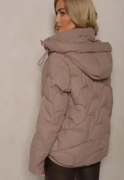 Ciemnobeżowa Pudełkowa Kurtka Zdobiona Pikowanymi Przeszyciami z Kapturem i Ściągaczami Ziasha
