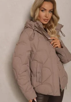 Ciemnobeżowa Pudełkowa Kurtka Zdobiona Pikowanymi Przeszyciami z Kapturem i Ściągaczami Ziasha
