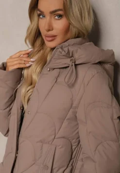 Ciemnobeżowa Pudełkowa Kurtka Zdobiona Pikowanymi Przeszyciami z Kapturem i Ściągaczami Ziasha