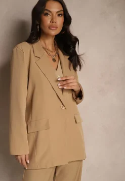 Ciemnobeżowa Pudełkowa Marynarka Jednorzędowa Telluria