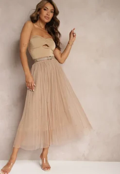 Ciemnobeżowa Rozkloszowana Plisowana Spódnica z Tiulu Wykończona z Przodu Cyrkoniami i Gumką w Talii Missarla