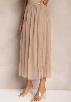 Ciemnobeżowa Rozkloszowana Plisowana Spódnica z Tiulu Wykończona z Przodu Cyrkoniami i Gumką w Talii Missarla