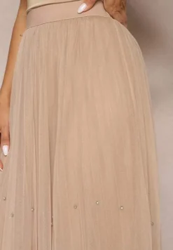 Ciemnobeżowa Rozkloszowana Plisowana Spódnica z Tiulu Wykończona z Przodu Cyrkoniami i Gumką w Talii Missarla