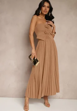 Ciemnobeżowa Rozkloszowana Spódnica z Gumką w Talii Zdobiona Plisami Firlimi