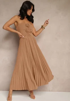 Ciemnobeżowa Rozkloszowana Spódnica z Gumką w Talii Zdobiona Plisami Firlimi