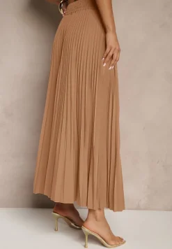 Ciemnobeżowa Rozkloszowana Spódnica z Gumką w Talii Zdobiona Plisami Firlimi