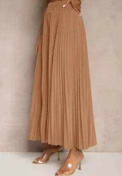 Ciemnobeżowa Rozkloszowana Spódnica z Gumką w Talii Zdobiona Plisami Firlimi