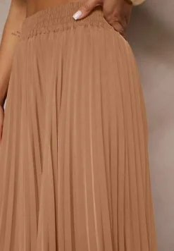 Ciemnobeżowa Rozkloszowana Spódnica z Gumką w Talii Zdobiona Plisami Firlimi