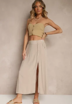 Ciemnobeżowa Rozkloszowana Spódnica z Wiskozy z Kieszeniami Galmira