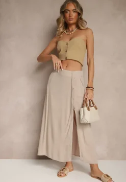 Ciemnobeżowa Rozkloszowana Spódnica z Wiskozy z Kieszeniami Galmira