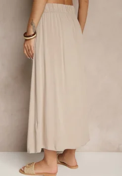 Ciemnobeżowa Rozkloszowana Spódnica z Wiskozy z Kieszeniami Galmira