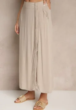 Ciemnobeżowa Rozkloszowana Spódnica z Wiskozy z Kieszeniami Galmira