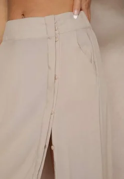 Ciemnobeżowa Rozkloszowana Spódnica z Wiskozy z Kieszeniami Galmira