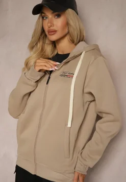 Ciemnobeżowa Rozpinana Bluza z Dodatkiem Bawełny z Kapturem i Polarem Tadela