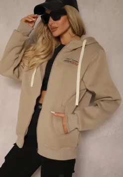 Ciemnobeżowa Rozpinana Bluza z Dodatkiem Bawełny z Kapturem i Polarem Tadela