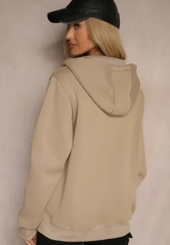 Ciemnobeżowa Rozpinana Bluza z Dodatkiem Bawełny z Kapturem i Polarem Tadela