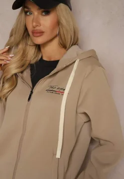 Ciemnobeżowa Rozpinana Bluza z Dodatkiem Bawełny z Kapturem i Polarem Tadela