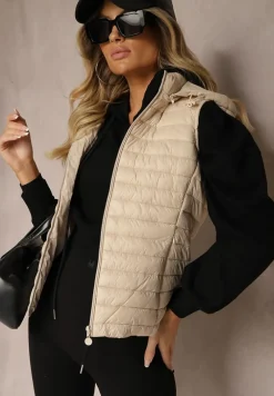 Ciemnobeżowa Rozpinana Kamizelka Pikowana z Odpinanym Kapturem i Kieszeniami Arkathia