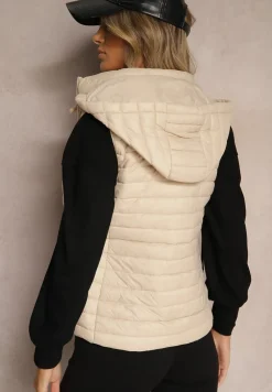 Ciemnobeżowa Rozpinana Kamizelka Pikowana z Odpinanym Kapturem i Kieszeniami Arkathia