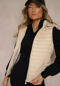 Ciemnobeżowa Rozpinana Kamizelka Pikowana z Odpinanym Kapturem i Kieszeniami Arkathia