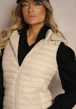 Ciemnobeżowa Rozpinana Kamizelka Pikowana z Odpinanym Kapturem i Kieszeniami Arkathia