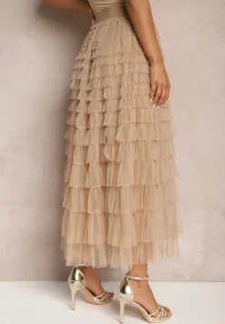 Ciemnobeżowa Spódnica Tiulowa z Gumką w Talii Ozdobiona Falbanami Missalisha