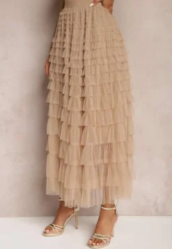 Ciemnobeżowa Spódnica Tiulowa z Gumką w Talii Ozdobiona Falbanami Missalisha