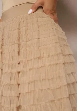 Ciemnobeżowa Spódnica Tiulowa z Gumką w Talii Ozdobiona Falbanami Missalisha