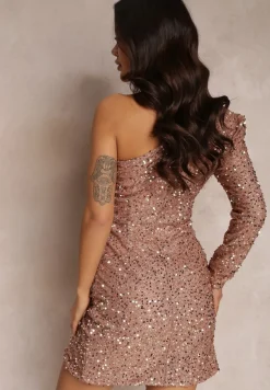 Ciemnobeżowa Sukienka Asymetryczna Cekinowa Ecie