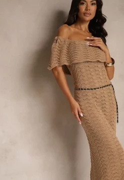 Ciemnobeżowa Sukienka Hiszpanka z Ażurowej Tkaniny z Ozdobnym Dekoltem Filadella