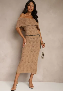 Ciemnobeżowa Sukienka Hiszpanka z Ażurowej Tkaniny z Ozdobnym Dekoltem Filadella