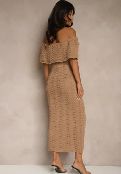 Ciemnobeżowa Sukienka Hiszpanka z Ażurowej Tkaniny z Ozdobnym Dekoltem Filadella
