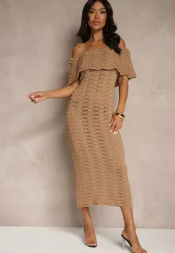 Ciemnobeżowa Sukienka Hiszpanka z Ażurowej Tkaniny z Ozdobnym Dekoltem Filadella
