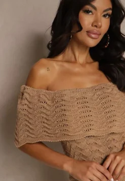 Ciemnobeżowa Sukienka Hiszpanka z Ażurowej Tkaniny z Ozdobnym Dekoltem Filadella